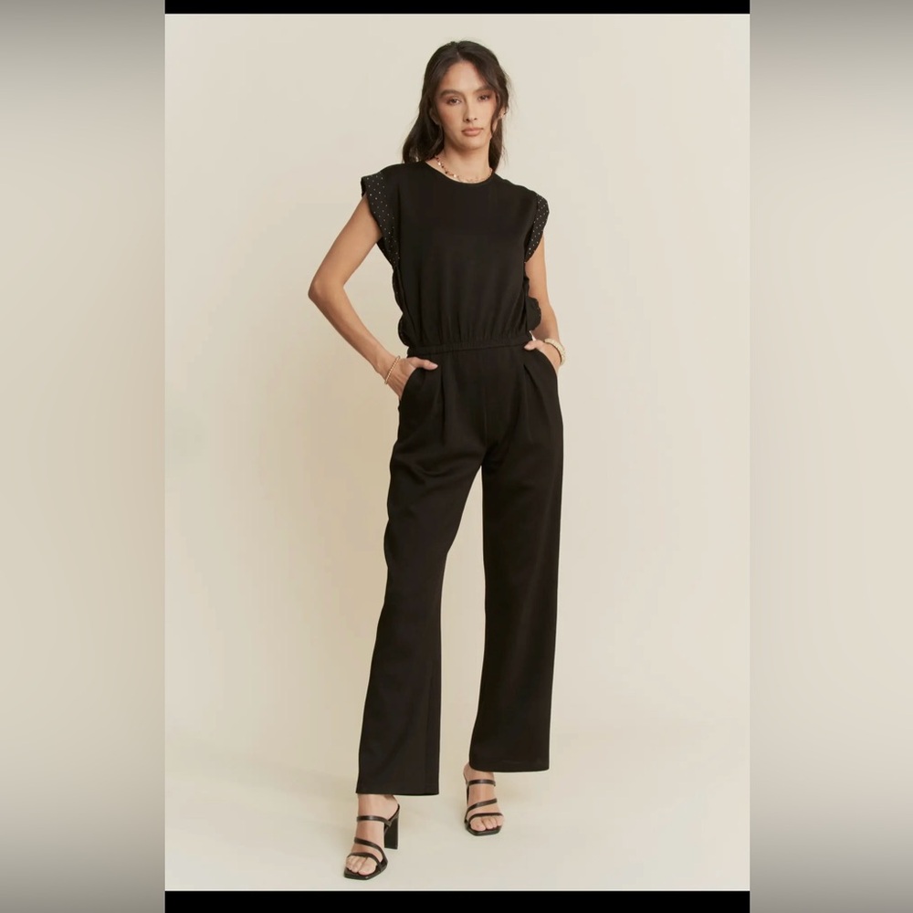 Stone Detail Sleeves Soft Knit Track Jumpsuit